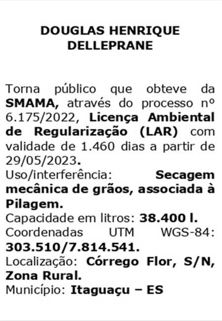 LICENÇA AMBIENTAL OBTIDA - DOUGLAS HENRIQUE DELLEPRANE